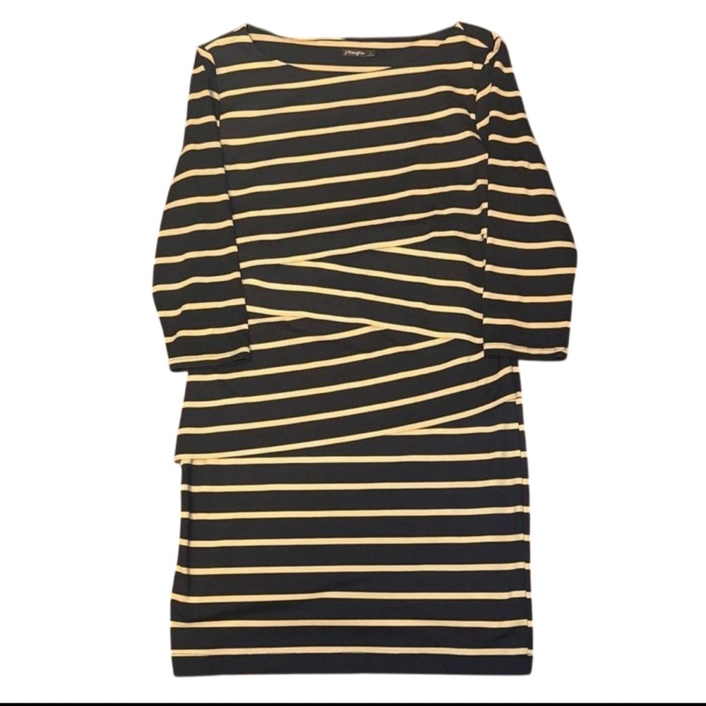 J. McLaughlin Women’s Chic Tan & Navy Banded Striped 3/4 Sleeve Dress — LARGE